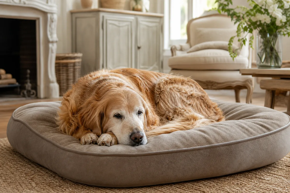 Chien senior au museau grisonnant qui se repose sur un coussin moelleux