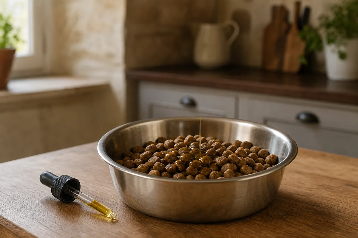 Gamelle de croquettes arrosée d’un filet d’huile de poisson pour les articulations