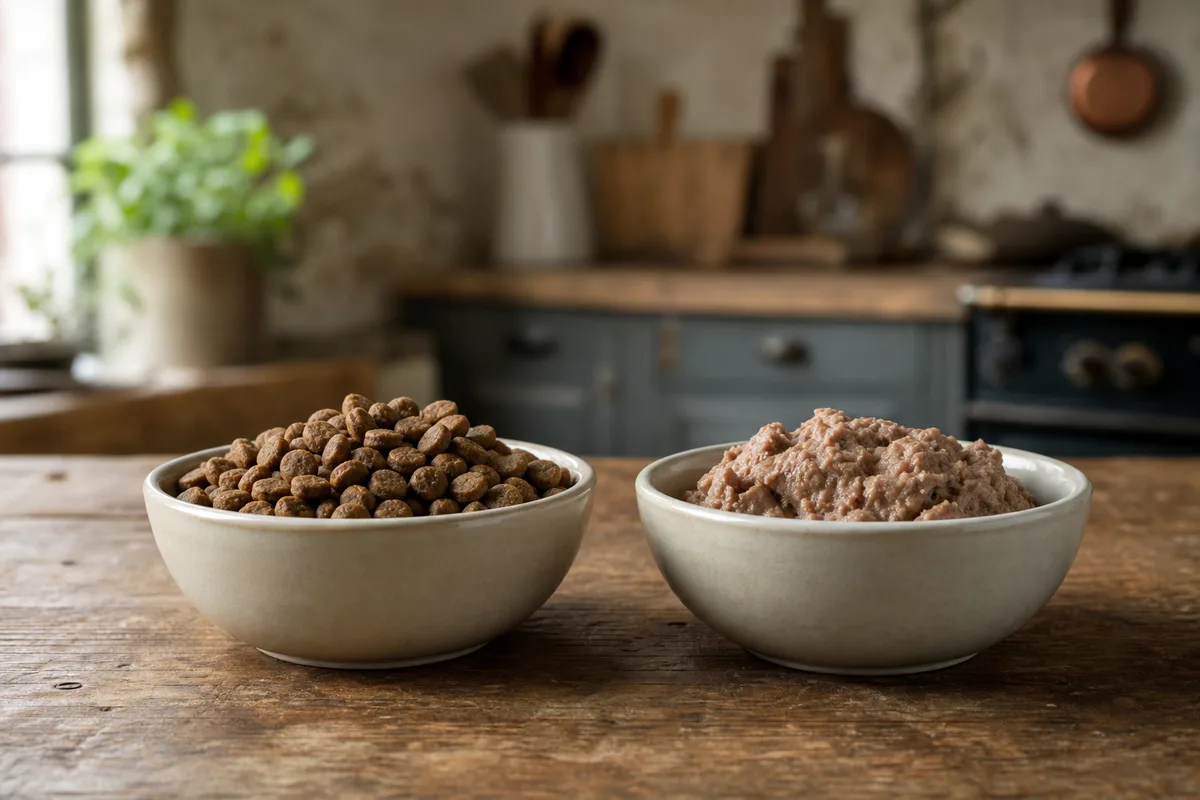 Bol de croquettes et bol de pâtée comparés côte à côte sur une table