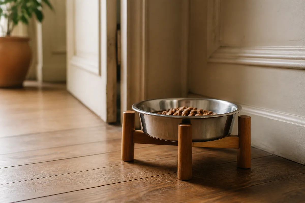 Gamelle surélevée sur pied en bois, pensée pour le confort du chien senior