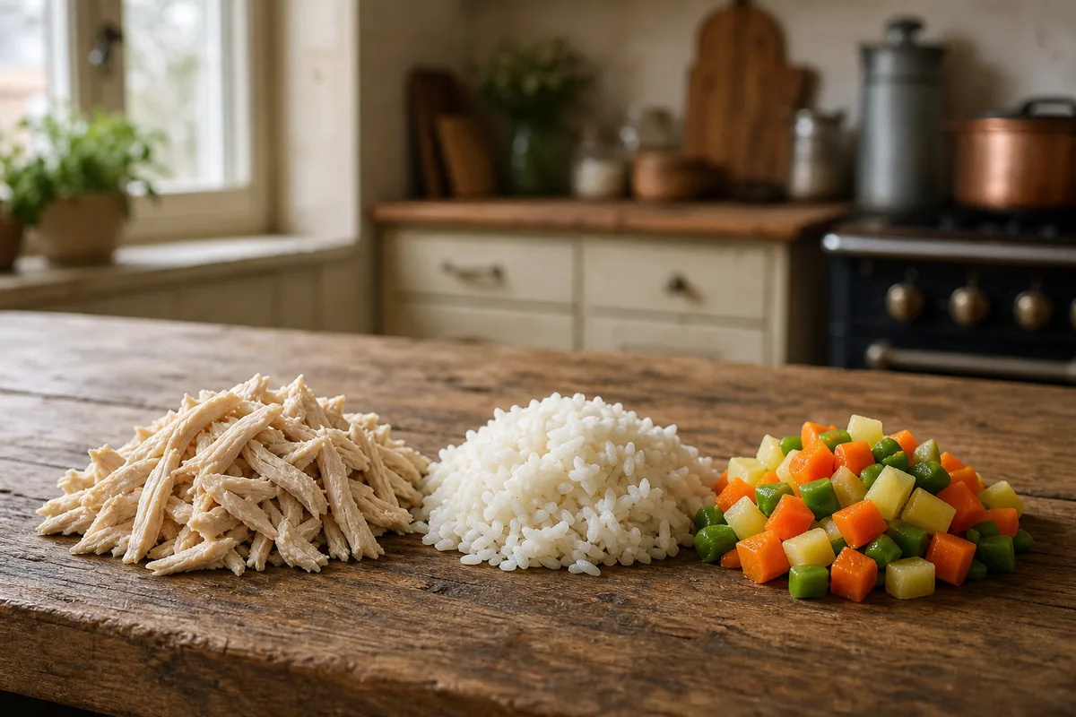 Ingrédients frais pour repas maison : poulet, riz et légumes sur un plan de travail