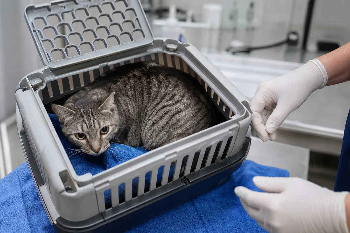 Chat tapi au fond de sa caisse de transport sur une table d’examen vétérinaire