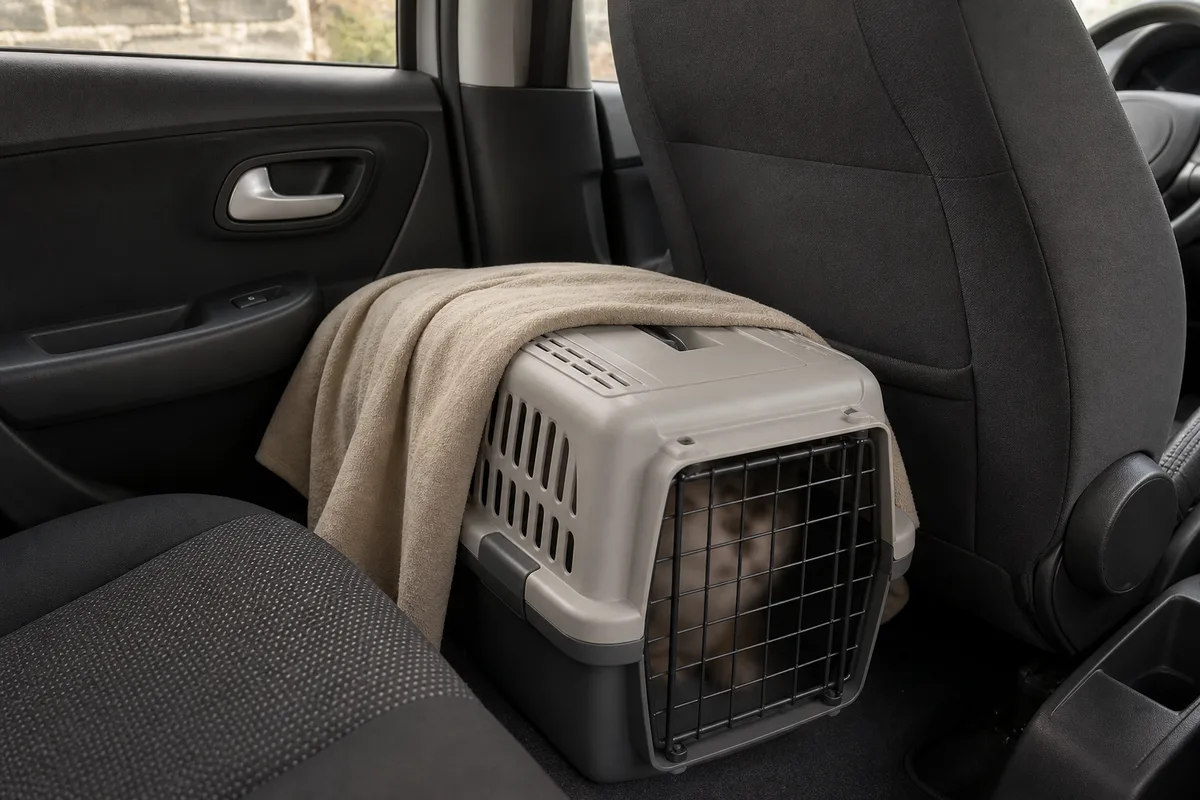 Caisse de transport rigide couverte d’un linge posée sur un siège de voiture