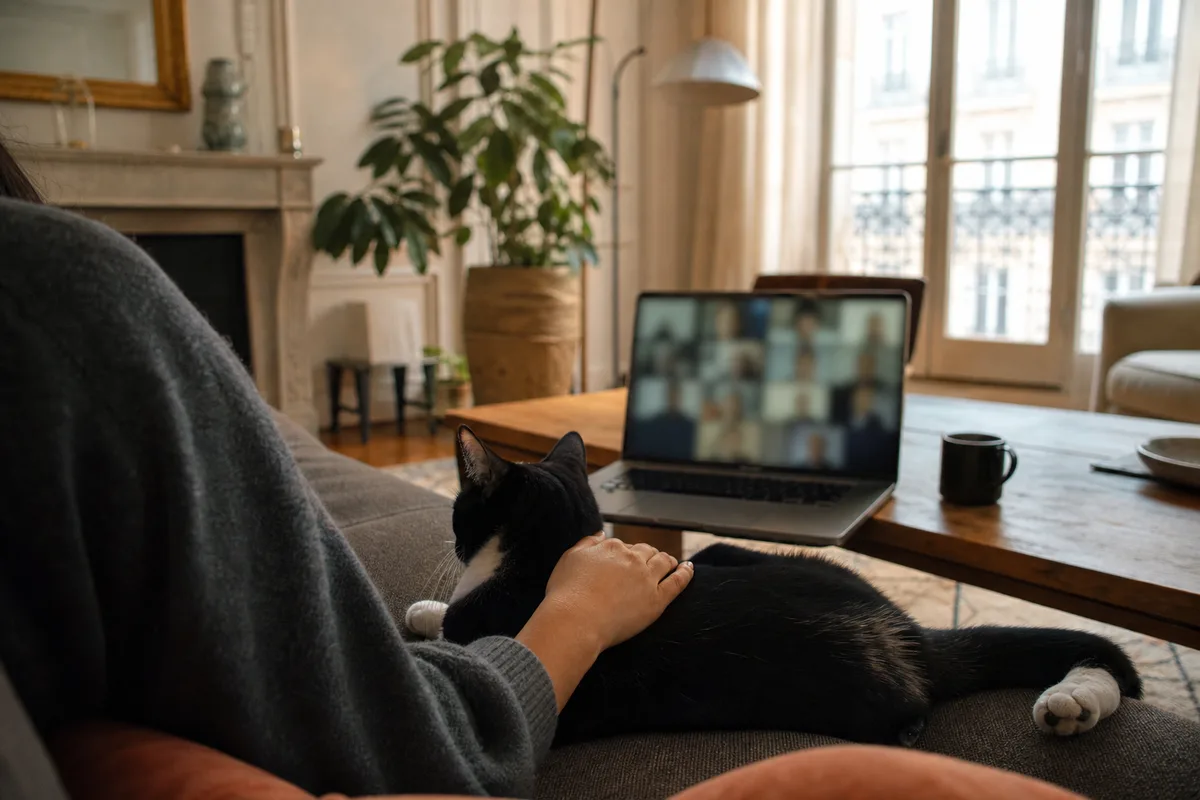 Propriétaire en visioconférence vétérinaire dans un salon parisien avec un chat sur le canapé