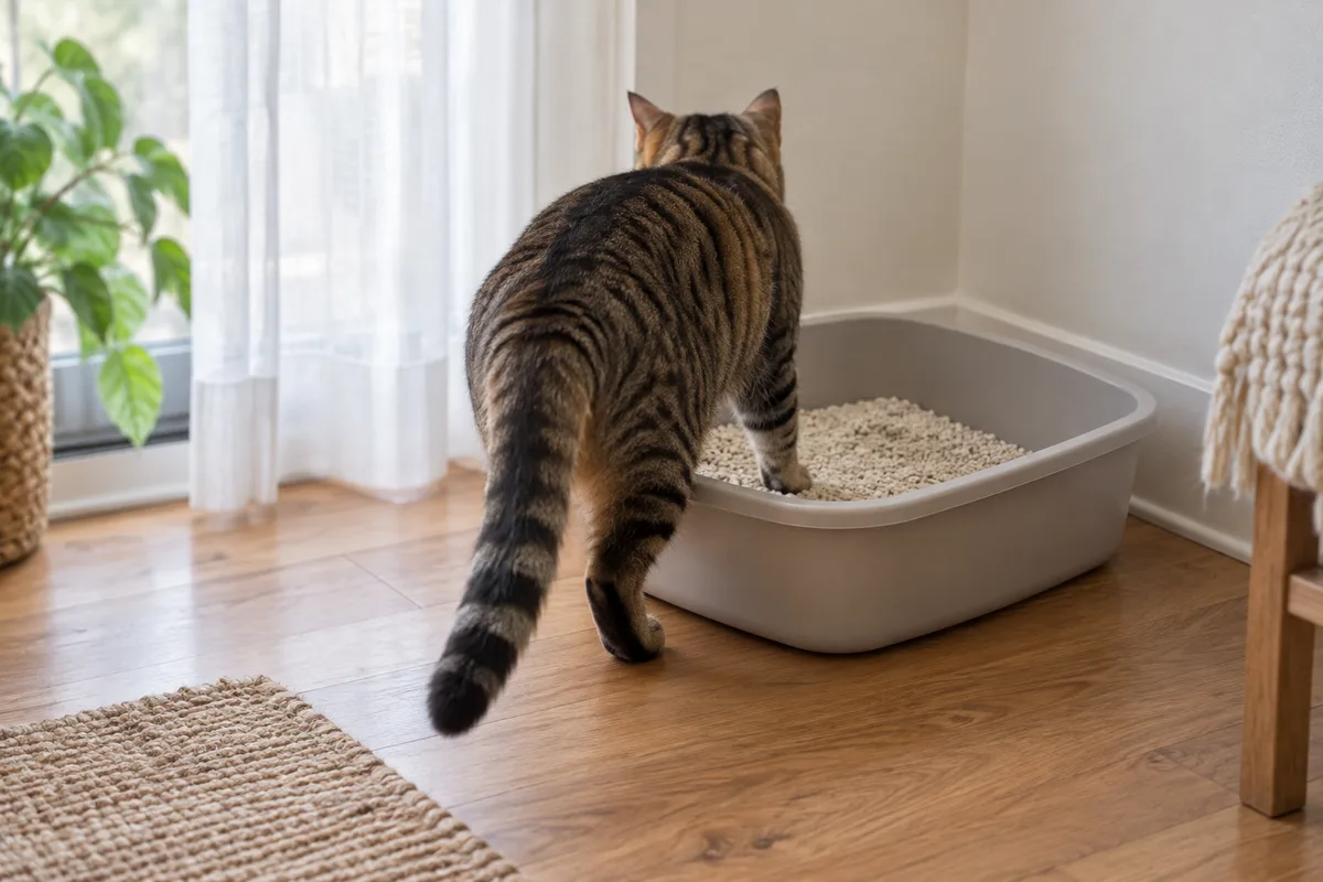 Chat de dos entrant dans un bac à litière ouvert près d&rsquo;une fenêtre