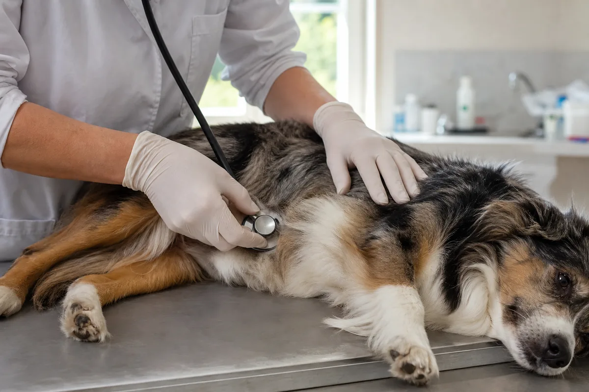 Vétérinaire auscultant un chien au stéthoscope dans un cabinet rural clair, aux portes d’Auxerre