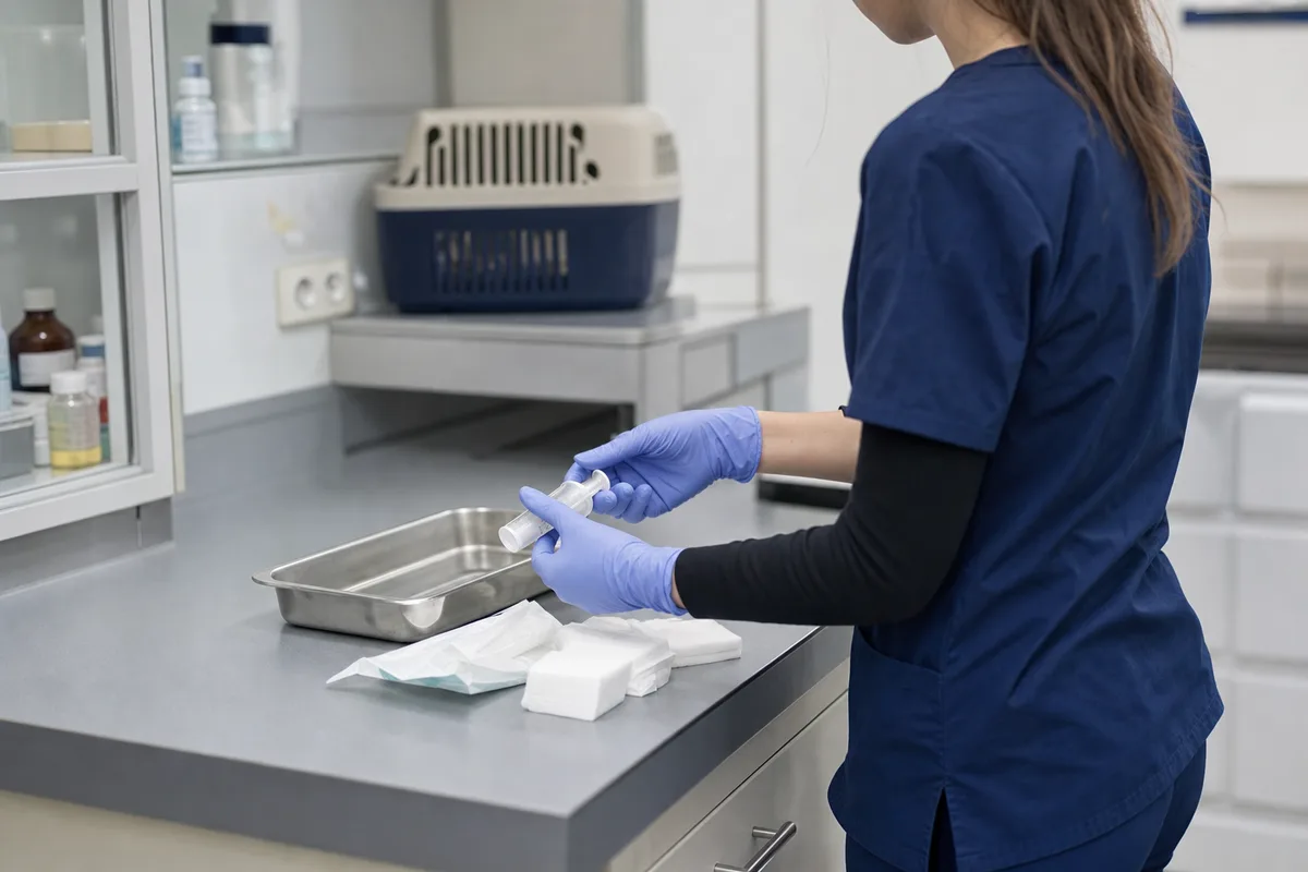 Apprentie en clinique vétérinaire manipulant du matériel de soin, formation aux métiers animaliers dans l’Yonne