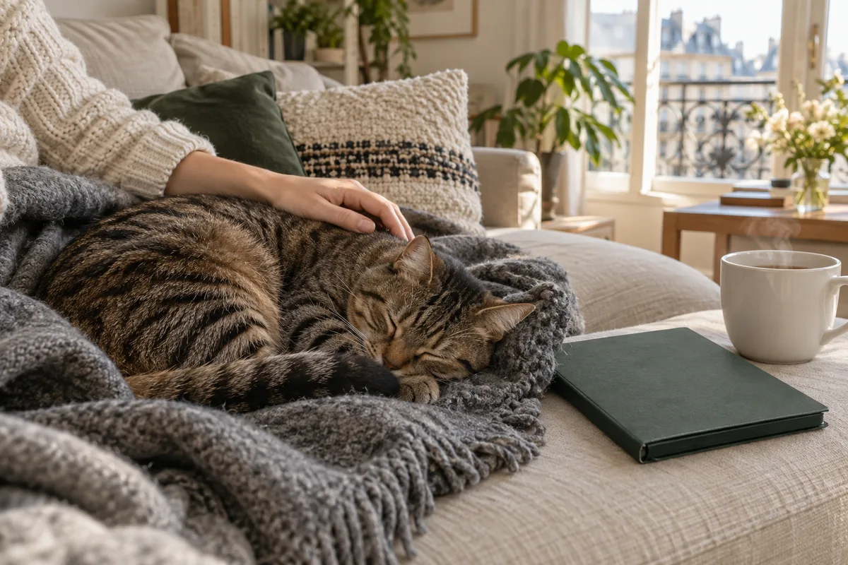 Main posée sur un chat tigré endormi près d’une pochette de contrat fermée