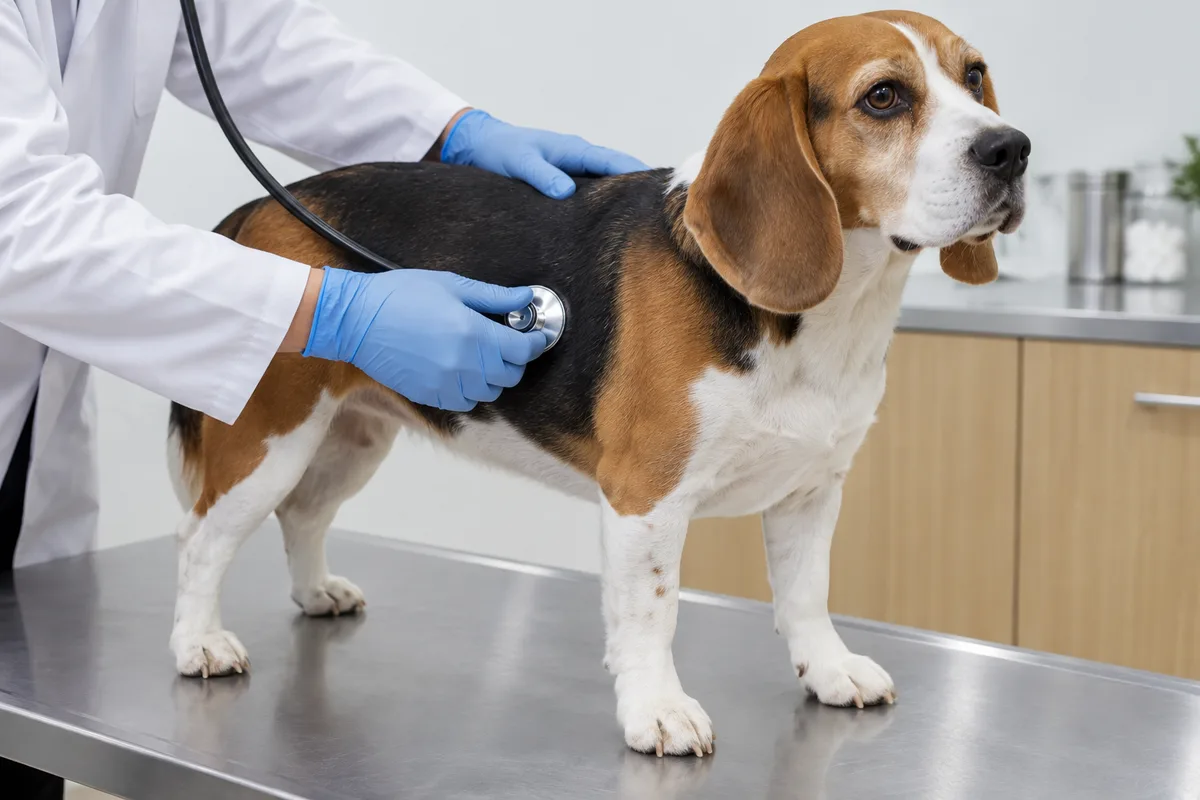 Vétérinaire auscultant un beagle sur une table d’examen en inox