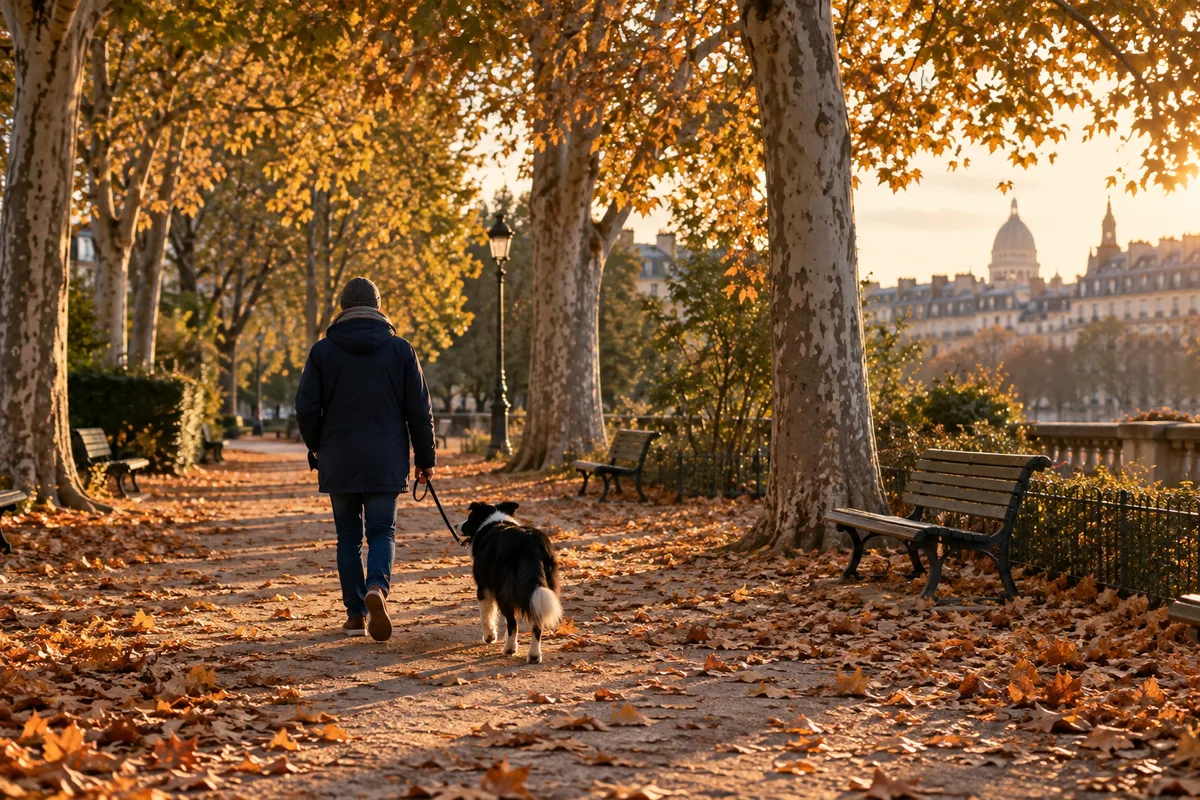 Promenade d’un chien en laisse dans une allée de parc parisien en automne