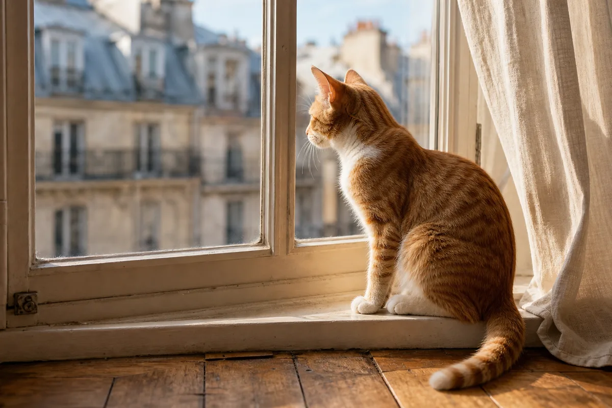 Jeune chat tigré assis sur le rebord intérieur d&rsquo;une fenêtre d&rsquo;appartement parisien