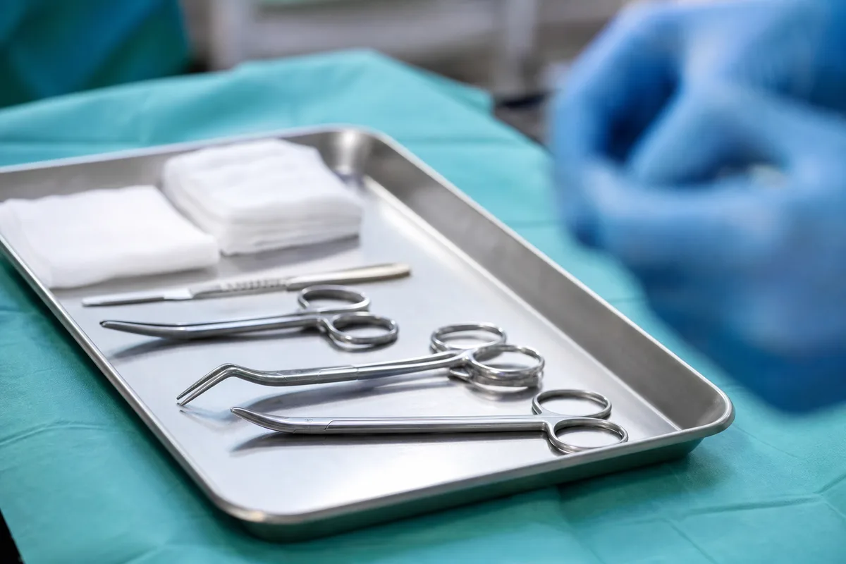 Plateau d&rsquo;instruments chirurgicaux stériles sur un champ opératoire vert en clinique vétérinaire