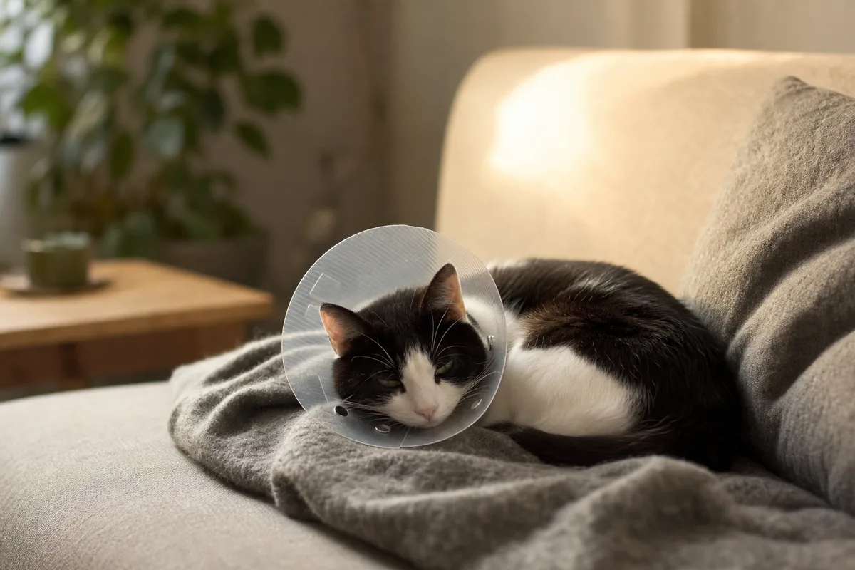 Chat portant une collerette translucide, couché sur un plaid dans un salon
