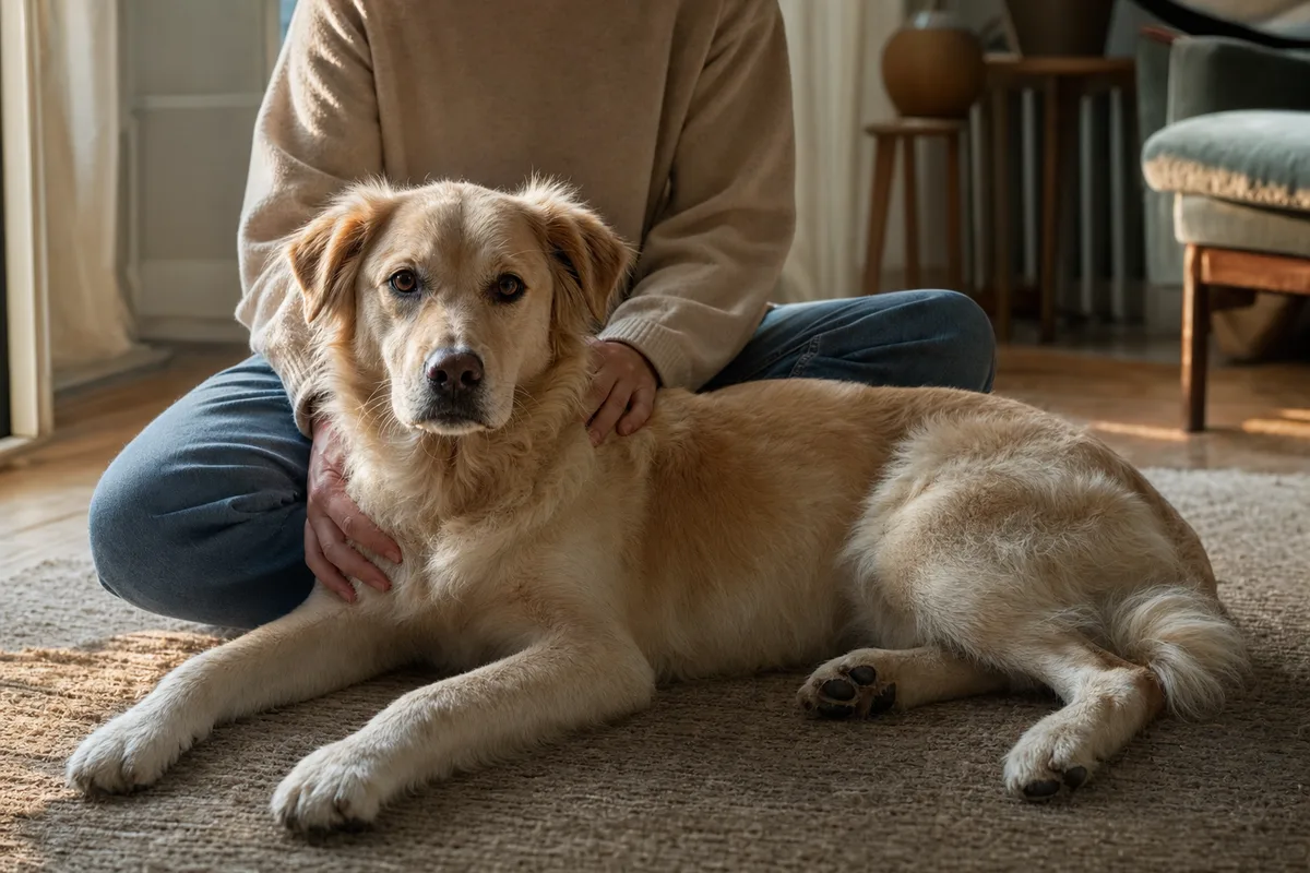 Chien couché sur un tapis de salon, observé par sa propriétaire assise à côté de lui