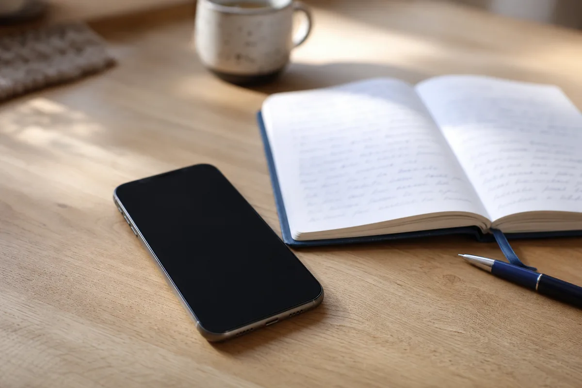 Téléphone posé sur une table de cuisine à côté d&rsquo;un carnet de santé animal ouvert