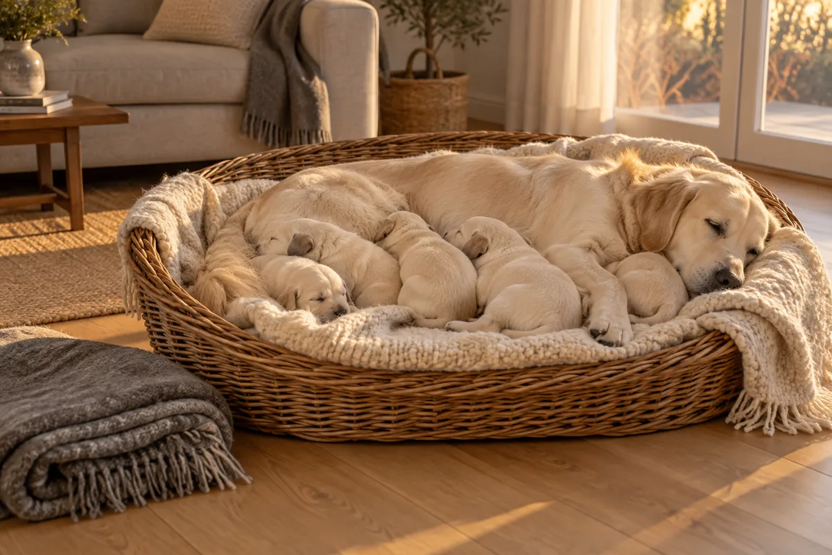 Portée de chiots crème endormis contre le flanc de leur mère dans un panier en osier
