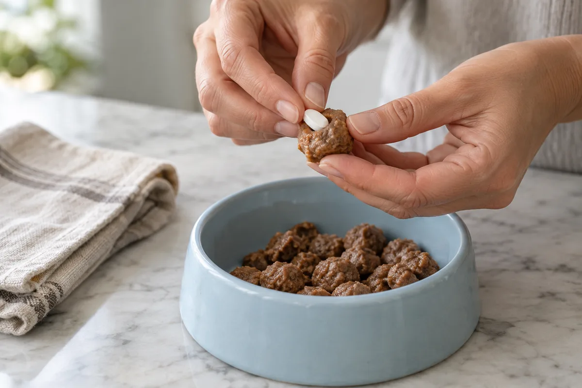 Mains glissant un petit comprimé dans une boulette de pâtée au-dessus d’une gamelle