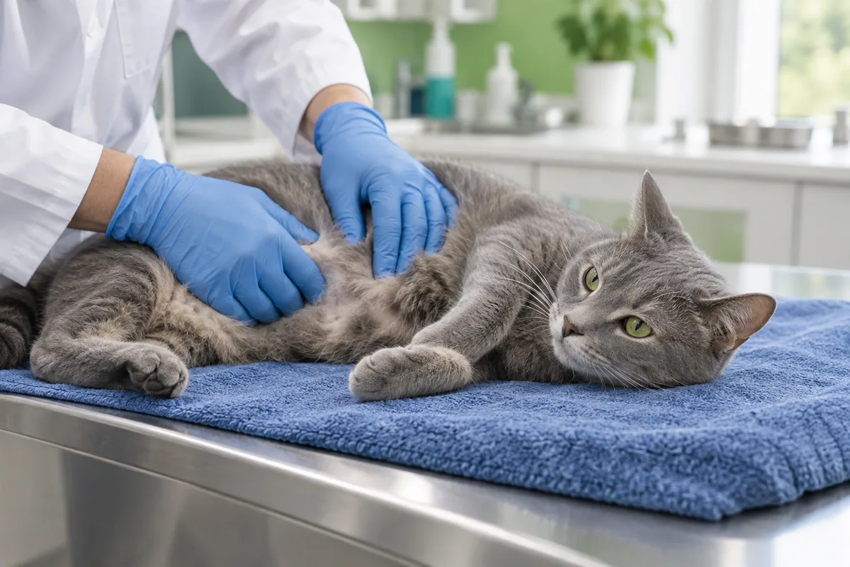 Mains gantées palpant le ventre d’un chat gris allongé sur une table d’examen