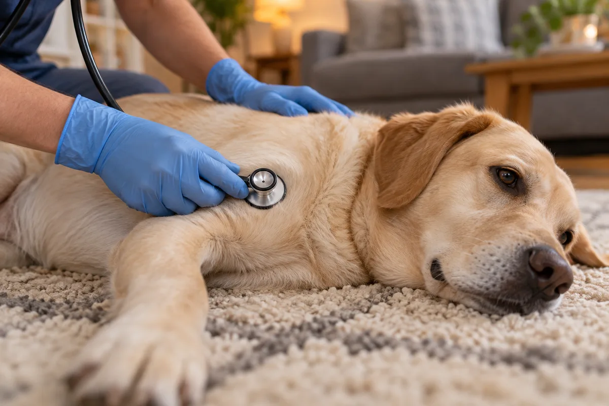 Mains gantées auscultant un chien allongé sur un tapis